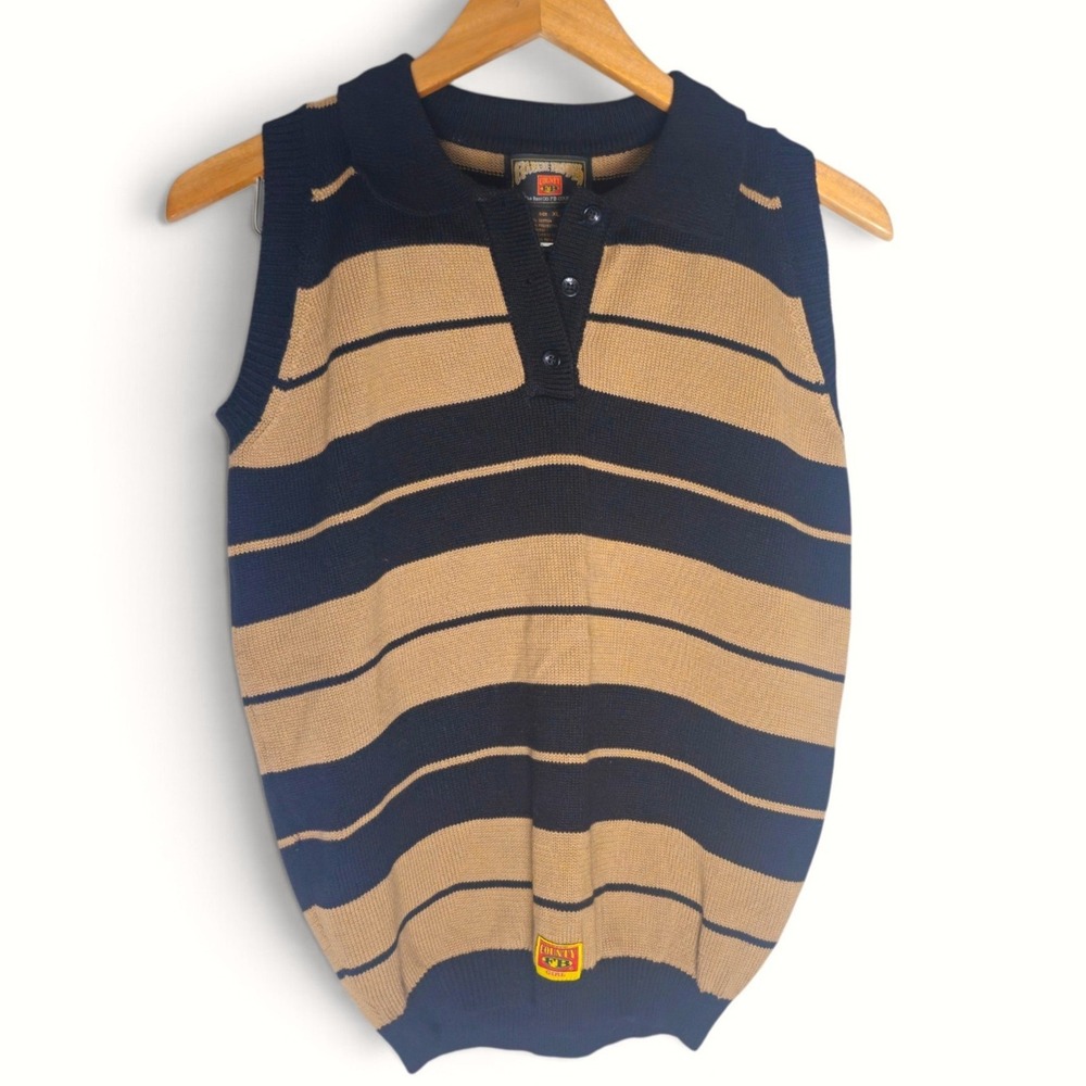 FB County Striped Knit Polo Vest Sleeveless Sweater Tan Black XL